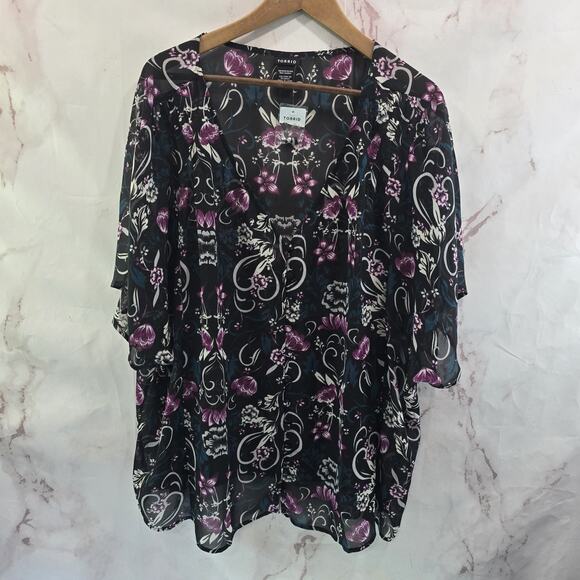 Torrid Shirt Womens 3X 3 Blouse Black Purple Floral Sheer Topper Flared Sleeve - Picture 1 of 10